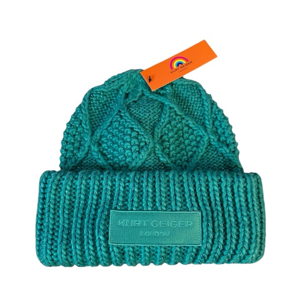 Kurt Geiger Accessories - Kurt Geiger London metallic cable knit beanie in teal with a logo patch